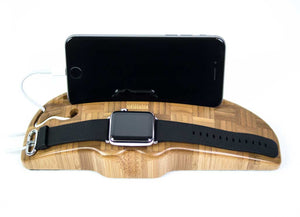Apple Watch and iPhone charging stand shown here in Bamboo Hero