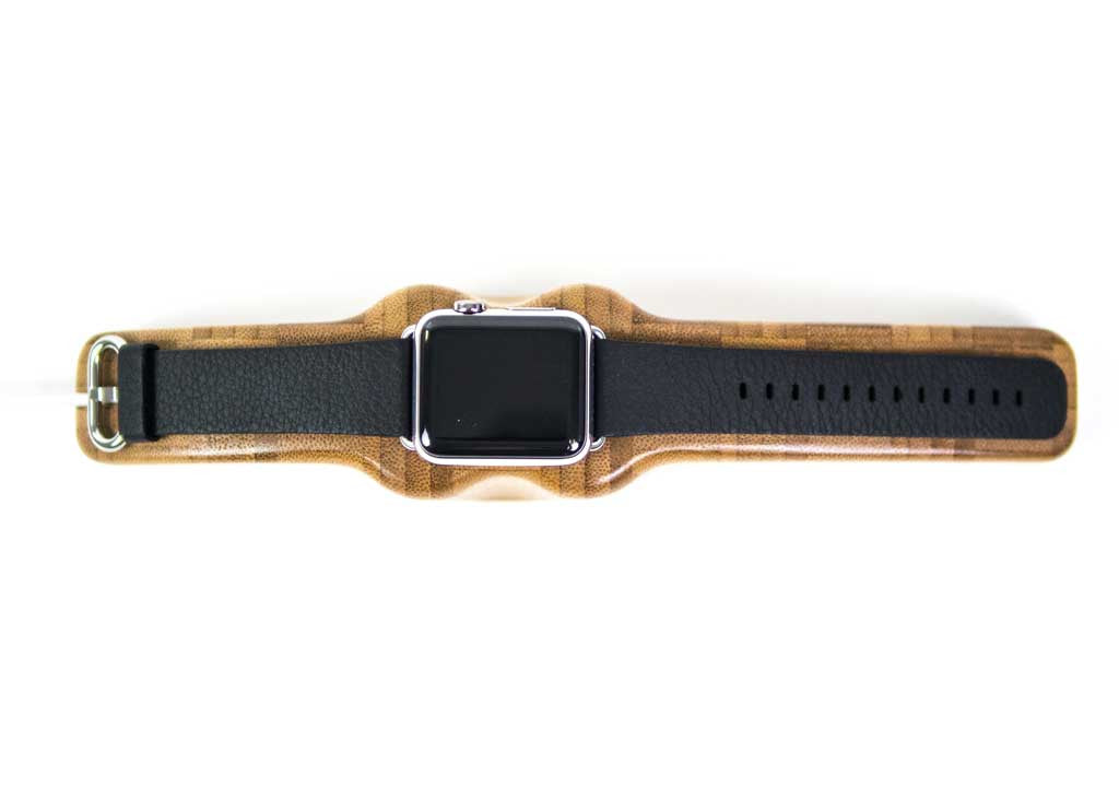 bamboo Arc Solo Apple Watch Charging Stand with watch top view